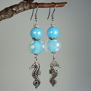HAND CRAFTED EARRINGS Turquoise Aqua Lampwork Glass Silver Seahorse Dangle Drop